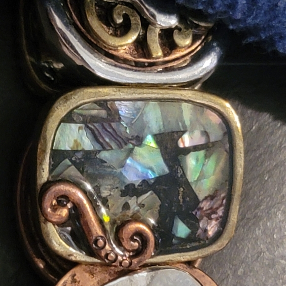 Vintage bracelets 2 copper tone metal abalone stretchy art noveau - Picture 12 of 14